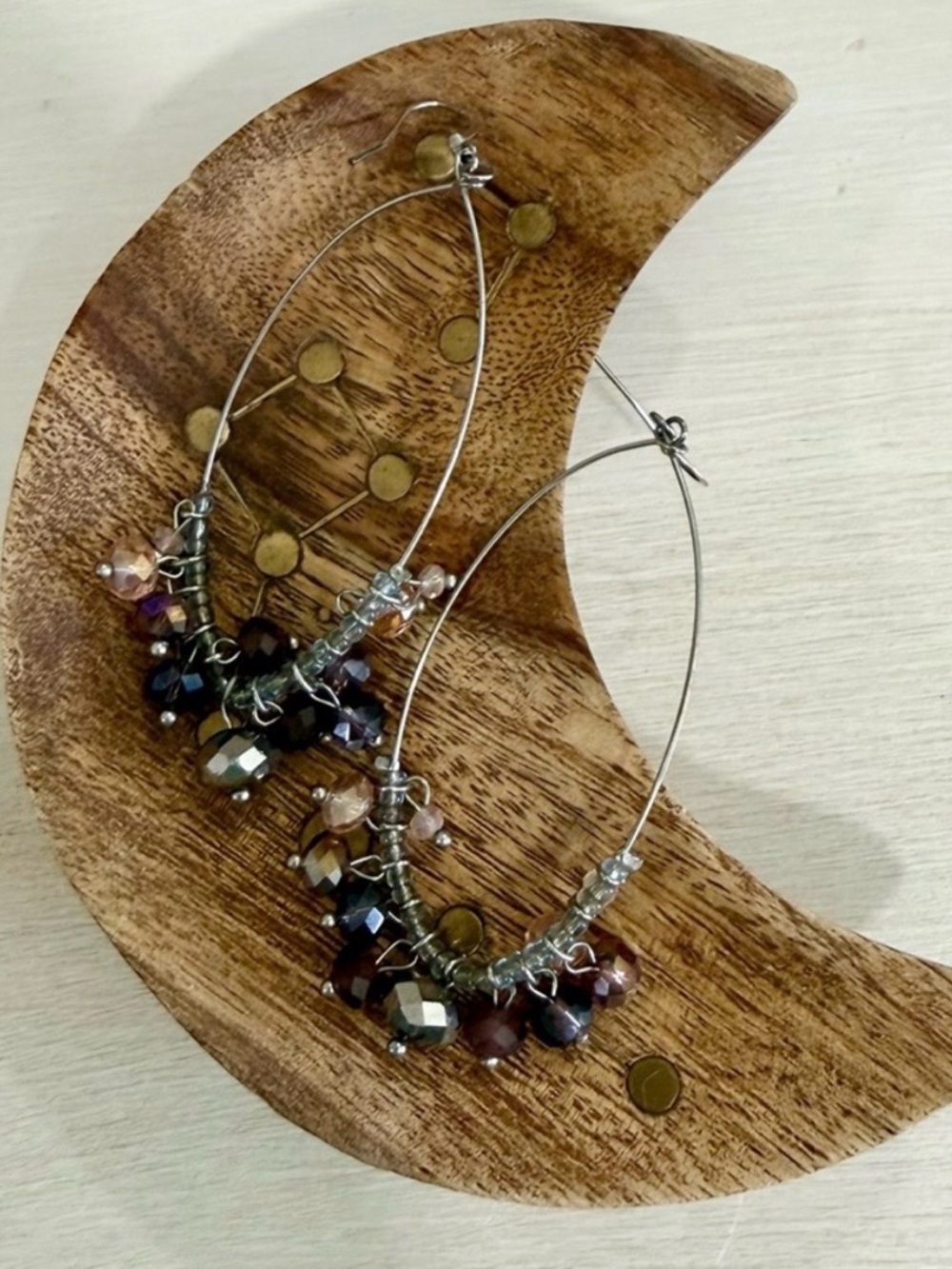 ✨ Multicolor Crystal Beaded Hoop Earrings Purple Pink Silver Tone Dangle ✨